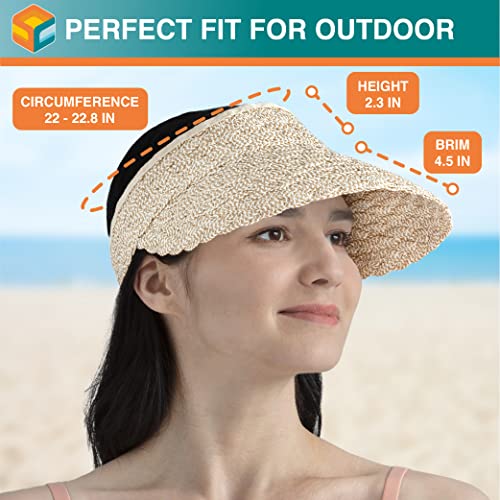 SUN CUBE Women Sun Visor Hat, Straw Beach Hat Wide Brim UV Protection, Foldable Packable Cap, Roll Up Ponytail Summer Visor - color: Brown & Cream