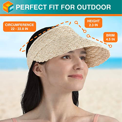 SUN CUBE Women Sun Visor Hat, Straw Beach Hat Wide Brim UV Protection, Foldable Packable Cap, Roll Up Ponytail Summer Visor - color: Brown & Cream