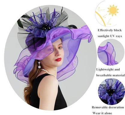 Women Organza Derby Hat Fascinator Tea Party Wedding Church Derby Hat Fascinator Hats Dual-use - color: 02b Purple