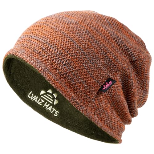 Lvaiz Winter Beanie for Men Women Warm Fleece Lined Reversible Skull Cap - color: Orange Grey+dark Green