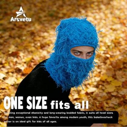 Distressed Ski Mask Balaclava, Yeat Shiesty Knitted Full-Face Mask - color: Blue