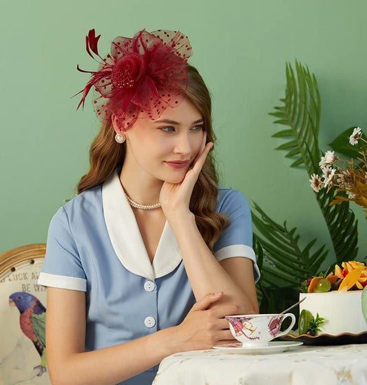 Fascinators Hat for Women Tea Party Headband Kentucky Derby Wedding Flower Cocktail Mesh Feathers Hair Clip - color: 1-burgundy