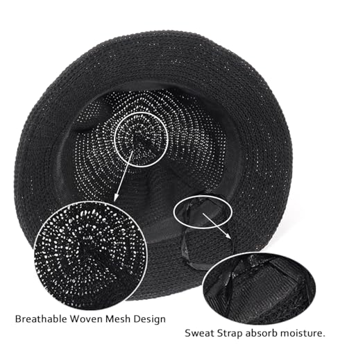 Eigso Womens Mesh Woven Bucket Hats Summer Outdoor Beach Straw Bucket Hat for Woman Packable Beach Hat - color: A3 : Black