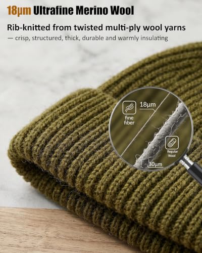 100% Merino Wool Fisherman Beanies for Men Winter Beanie Skull Cap - color: Army Green