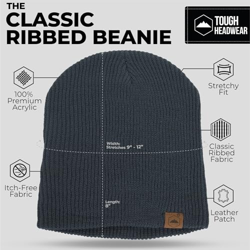 Tough Headwear Ribbed Beanie Hat - Stretch Fit Beanie for Women - Knit Winter Hats for Men - Breathable Knit Caps - color: Black + Dark Grey