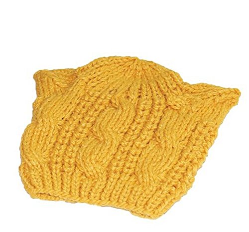 Women Winter Wool Baggy Beret Beanie Cute Devil Cat Ear Crochet Braided Knit Hat Ski Cap - color: Yellow