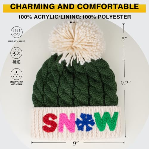 Christmas Merry Beanie for Women Winter Crochet Hat Chunky Cable Knit Pompom Santa Hat - color: Green-snow