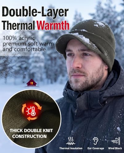 Home Prefer Men's Winter Beanie Hat with Brim Warm Double Knit Cuff Beanie Cap Watch Radar Hat - color: Army Green