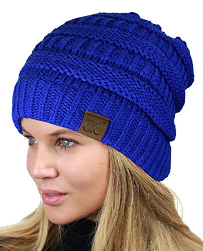 C.C Unisex Chunky Soft Stretch Cable Knit Warm Fuzzy Lined Skully Beanie - color: Royal