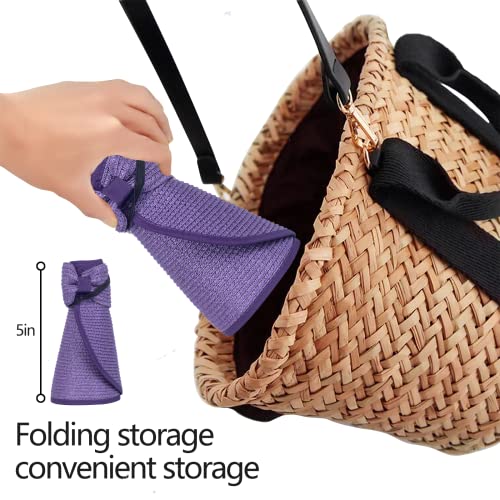Women Sun Visors Foldable Straw Hats Summer Beach Packable Hat Floppy Wide Brim Cap Deep Style, Adjustable Size - color: Purple Khaki