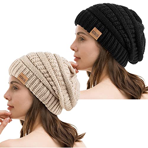 REDESS Slouchy Beanie Hat for Men and Women Winter Warm Knit Hat Chunky Soft Oversized Cable Cap - color: Black+oat