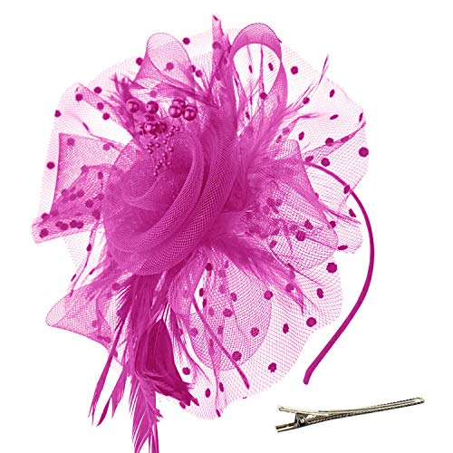 DRESHOW Fascinators Hat Flower Mesh Ribbons Feathers on a Headband and a Clip Tea Party Headwear for Girls and Women - color: 7" Diameter / Fushia