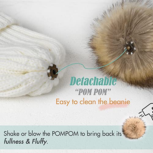FURTALK Womens Winter Beanie Hat Satin Lined Faux Fur Pom Pom Beanies Hat for Women Winter Warm Knit Hats - color: 01 White