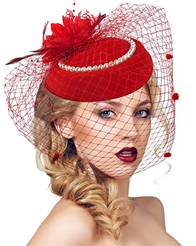 Pillbox Hat with Veil Vintage Fascinators for Women Tea Party Bridal Wedding Halloween First Communion Hats - color: Z-red