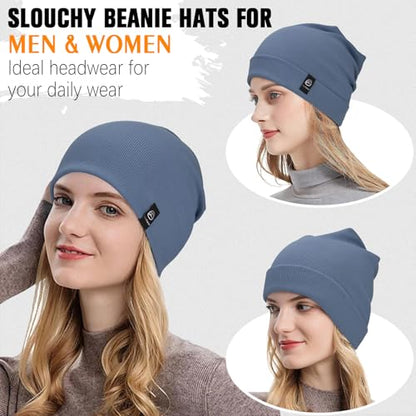 YANIKY Slouchy Beanie for Women, Mens Soft Cotton Beanie Hat, Double Layer Windproof Skull Cap for All Seasons - color: Denim Blue