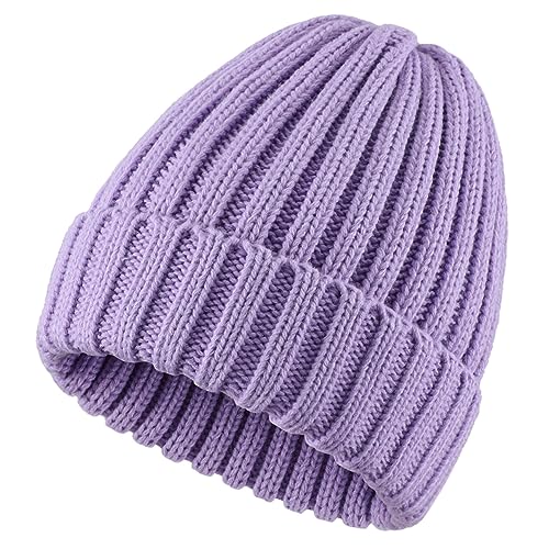 Connectyle Women's Rib Knit Cuffed Beanie Hat Stretch Acrylic Winter Hat Thick Warm Snow Ski Cap - color: Light Purple