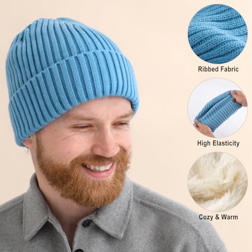 HONGTEYA 3 Pack Winter Beanie for Men Women, Thicken Thermal Plush Lined Beanie Fashion Warm Knit Hat for Cold Weather - color: Blue+camel+pink