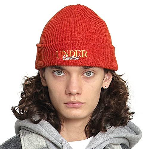 UNDERCONTROL Logo Label Patch Unisex Fall Winter Short Thick Cuffed Rollup Warm Beanie Korea Trawler Fisherman Knit Skull Hat - color: Athletic Orange