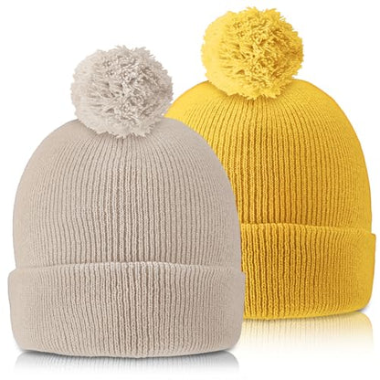 Geyoga 2 Pcs Pom Beanie Hat Men Women Winter Hat Pom Knit Cap Beanies with Ball at Top Acrylic Winter Cap with Cuff - color: Beige, Ginger Yellow, style: Classical