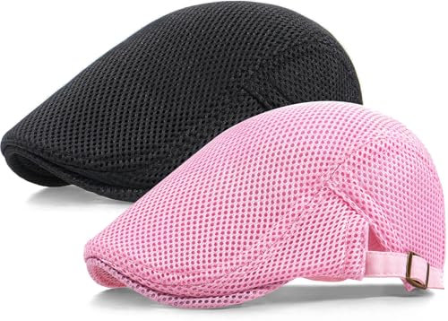 2 Pack Men's Mesh Cap Breathable Summer Newsboy Hat Adjustable Beret Ivy Cap Irish Cabbie Driving Hunting Hats - color: Black/Pink