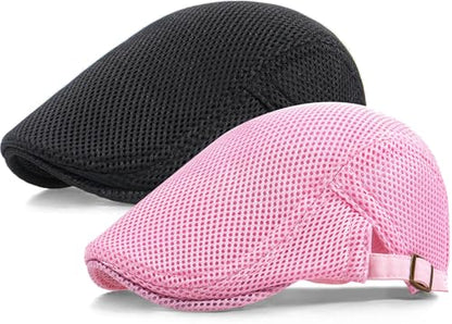 2 Pack Men's Mesh Cap Breathable Summer Newsboy Hat Adjustable Beret Ivy Cap Irish Cabbie Driving Hunting Hats - color: Black/Pink