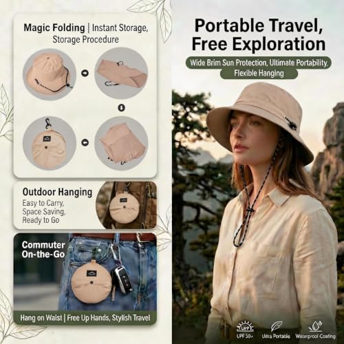 Honnesserry Bucket Hats for Woman Men Outdoor UV Sun Protection Hat Nylon - color: Beige