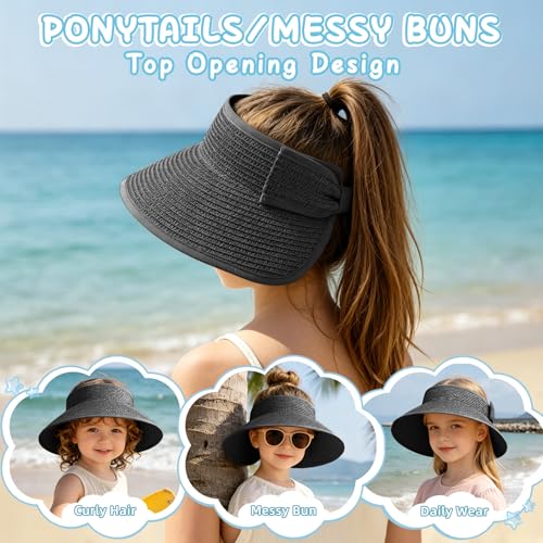 Girls Sun Visor Hat with Ponytail Hole Wide Brim Beach Straw Visor UPF 50+ - color: 1pack-black