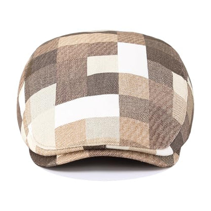 Flat Cap for Men Cotton Plaid Ivy Newsboy Hat Driving Golf Cap - color: Khaki