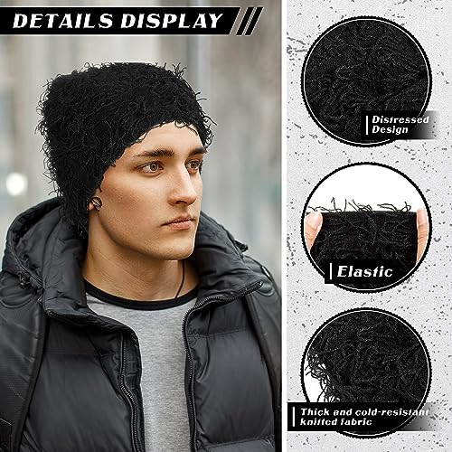 Chuarry Distressed Knitted Beanie Fuzzy Winter Hat - color: Black