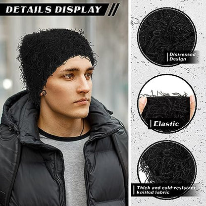 Chuarry Distressed Knitted Beanie Fuzzy Winter Hat - color: Black
