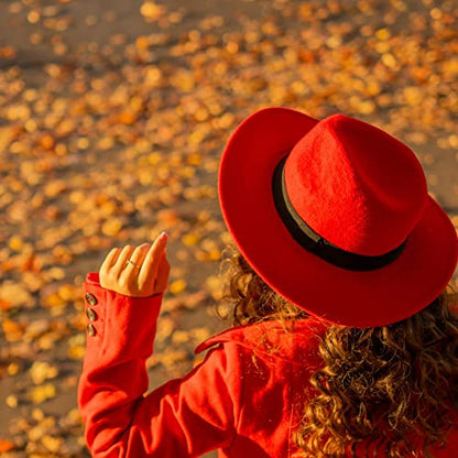 Lady Wide Brim Felt Fedora Panama Hat with Ring Belt - color: Red, size: Medium