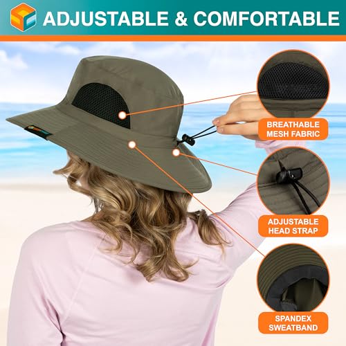 SUN CUBE Wide Brim Sun Hat for Men & Women, UPF 50+ UV Protection, Mesh Boonie Hat with Chin Strap, Fishing Hiking Hat - color: Olive