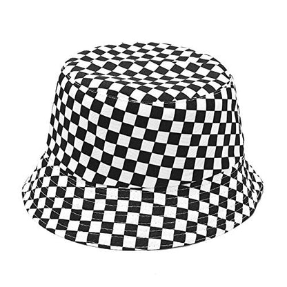 Unisex Print Bucket Hat Sun Hat for Women Men,Reversible Cotton Summer Beach Hat Fisherman Hat - color: Checkered