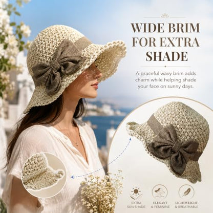 Elegant Woven Straw Sun Hat with Bow, Summer Beach Sun Straw Hats for Women, Foldable Wide Brim Floppy Beach - color: Pink