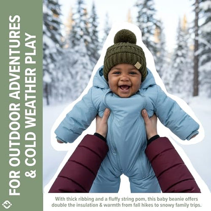 Funky Junque Baby Pom Pom Beanie – Soft Knit Infant Winter Hat for Baby Girls & Boys, Cozy Warm Newborn Beanie 0–12 Months - color: Dark Olive