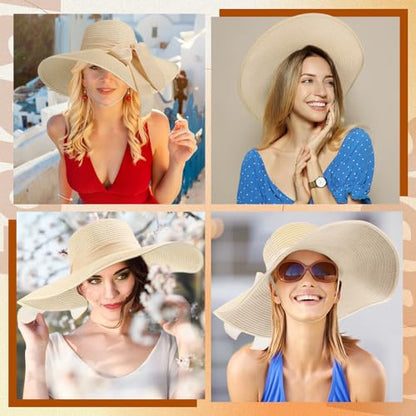 12 PCS Women's Wide Brim Straw Hats Floppy Sun Hat - color: Beige, style: Floppy