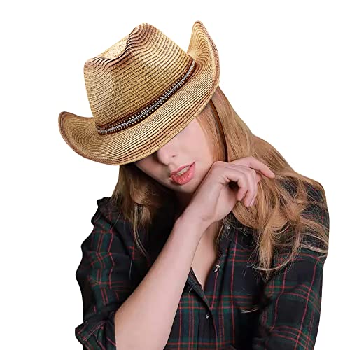 Cowboy Straw Hat Men Women Wide Brim Fedora Panama Bucket Hat UV Protection Vacation Cap Foldable Beach Western Cap - color: Beige-red