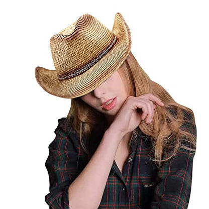 Cowboy Straw Hat Men Women Wide Brim Fedora Panama Bucket Hat UV Protection Vacation Cap Foldable Beach Western Cap - color: Beige-red