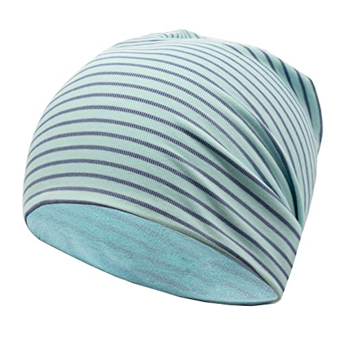 EMPIRELION 9" Women Lightweight Beanies Hats, Thin Sports Running Skull Cap Chemo Headwear Sleep Caps - color: Pale Blue/Lilac Stripe