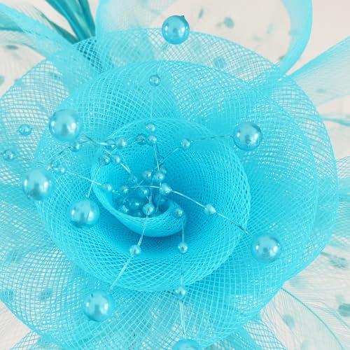 WLBON Fascinators Hat 20s 50s Headband Hair Clips Flower Mesh Veil Feather Headpiece Headwear Women Halloween Carnival Cocktail Wedding Church Cosplay Dress Up Birthday Tea Party Accessories Blue - color: Hot Blue