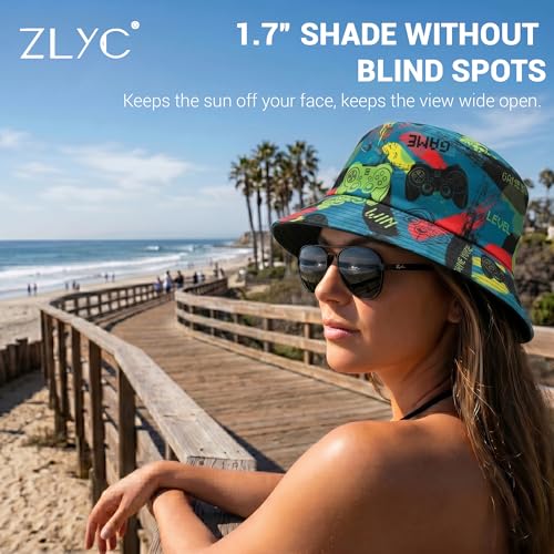 ZLYC Printed Bucket Hat for Women Men Packable Summer Sun Hat for Beach - color: Gamer Print Navy