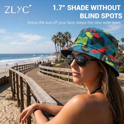 ZLYC Printed Bucket Hat for Women Men Packable Summer Sun Hat for Beach - color: Gamer Print Navy