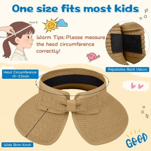 ZOORON Girls Straw Sun Visor Hat, Wide Brim Ponytail Beach Hat with Bow - color: Khaki