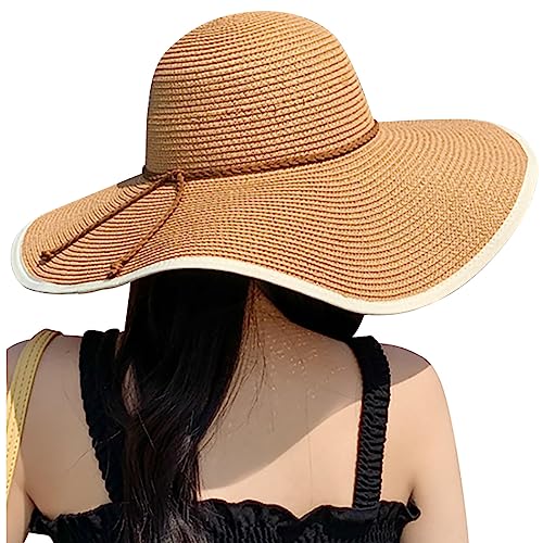 AQOKKA Beach Hats for Women Men Big Straw Wide Brim Summer Hat Floppy Foldable Roll up Cap for Beach Outdoor UPF 50+ - color: 1 Pack: String Tie Khaki