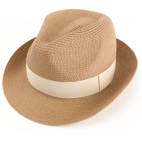 AQOKKA Summer Straw Fedora Hat for Women Men Travel Panama Hat with Wide Brim Roll Up Sun Hat for Beach Outdoor UPF 50+ - color: Khaki & Beige