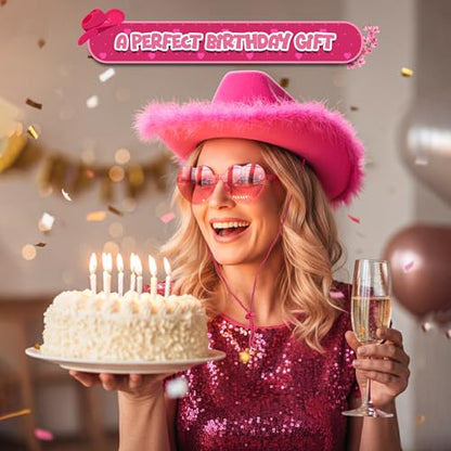 4E's Novelty Cowboy Hat with feathers With Heart Shaped Sunglasses for Women, Felt Cowgirl Hat for Party Costume Dress Up - color: Hot Pink