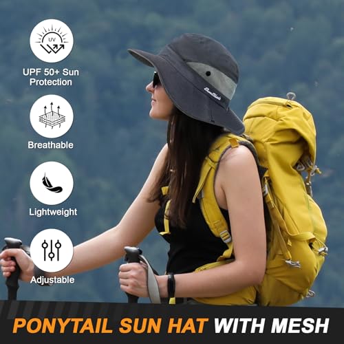 Womens Sun Hat with Ponytail Hole, UV Protection Foldable Beach Fishing Hat - color: Grey