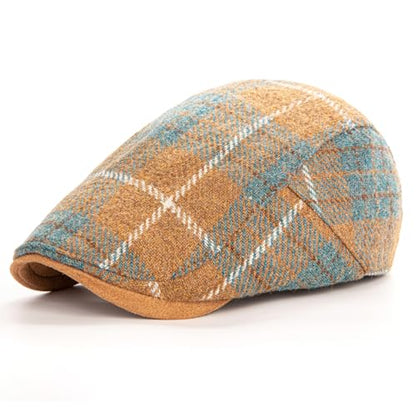 Men Wool Blend Flat-Top Tweed Newsboy Hat/Ivy Cap/Adjustable Plaid Driver's Hat - color: Khaki
