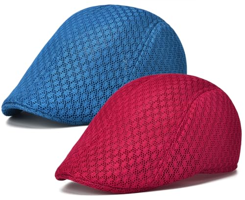 2 Pack Teenagers' Mesh Cap Breathable Summer Newsboy Hat Adjustable Beret Ivy Cap Irish Riding Hiking Hats - color: Royal Blue/Red