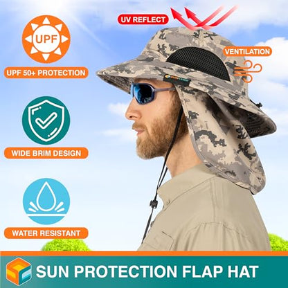 SUN CUBE Wide Brim Sun Hat for Men & Women, UPF 50+ UV Protection, Mesh Boonie Hat with Chin Strap, Fishing Hiking Hat - color: Camo Grey With Flap